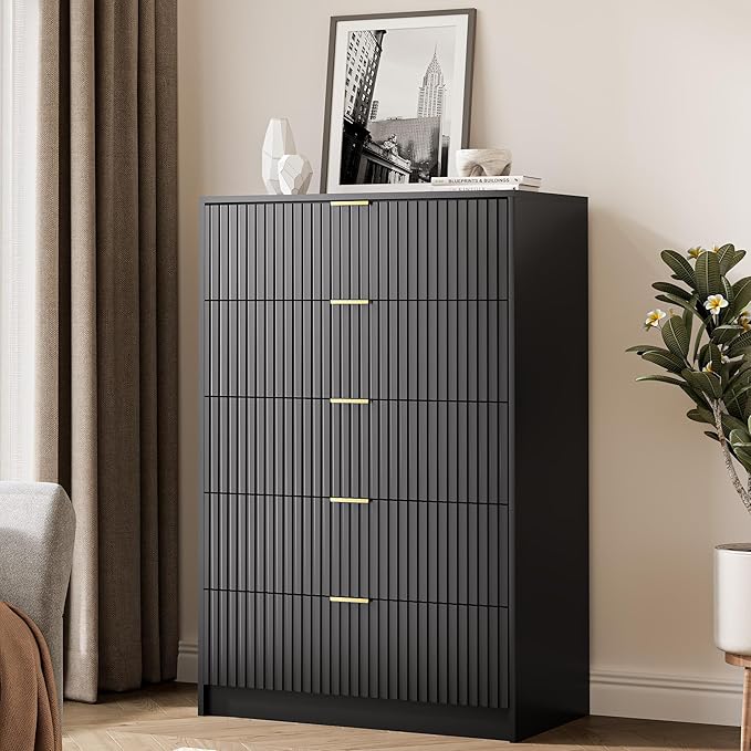 5 Drawer Dresser for Bedroom, Tall Dresser Chest of Drawers with Gold Handles, 32 Inch Wide Nightstand with for Bedroom, Living Rooms, Offices, and Entryways, Black