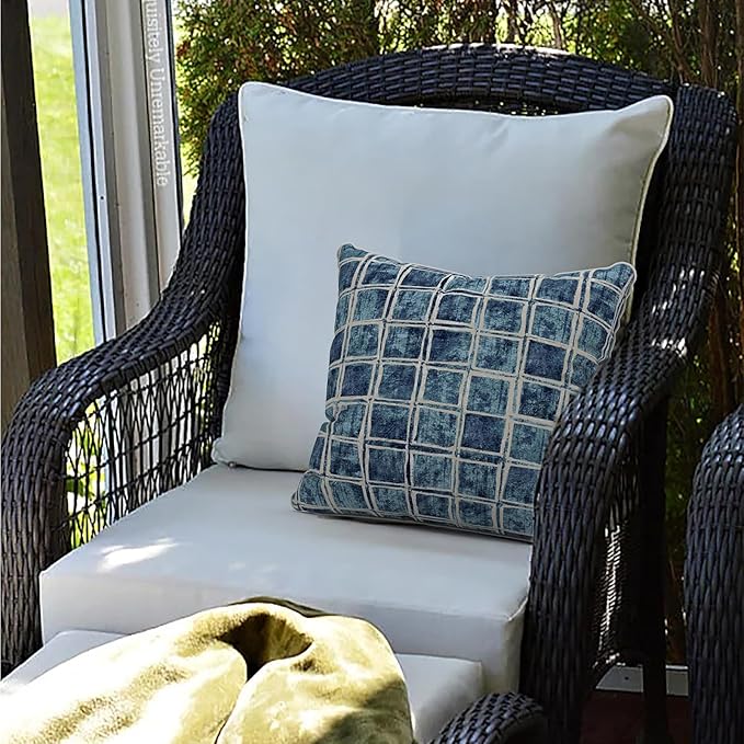 LVTXIII Outdoor Throw Pillows Set of 2, Patio Waterproof Pillows Fade Resistant Accent Pillows for Home and Garden Furniture Decoration, 16x16 Inch, Denim Blue Checkered