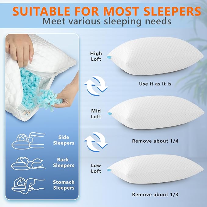 Cooling Pillows Queen Size Set of 2, Memory Foam Pillows with Zipper, Firm Bed Pillows Adjustable for Hot Side Back Stomach Sleepers