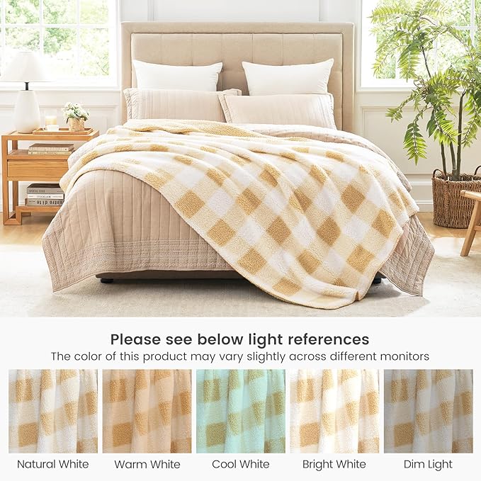 Cozy Bliss Ultra Soft Reversible Double Sherpa Sided Blanket, Buffalo Plaid Throw Blanket Fluffy Thick Warm Plush Fuzzy Blanket for Couch, Bed and Gifts (Beige, 50" x 60")