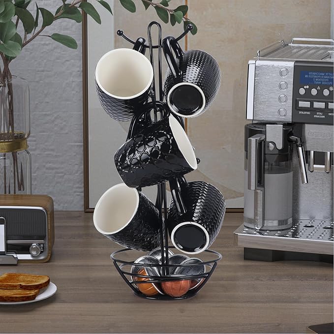 Schliersee 12 OZ Black Ceramic Coffee Mugs Set 6, Stylish Embossed 6 Patterns Coffee Cups Set for Coffee, Tea, Milk, Cocoa, Cereal, Water, Microwave Safe