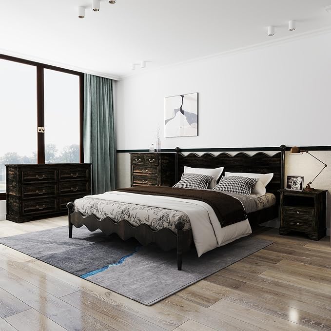 Farmhouse Bedroom Set, 3 Pieces Bedroom Furniture Set, Rustic Wood 6 Drawer Dresser and Nightstands, Chest of Drawers Wide Storage Organizer Cabinet for Bedroom