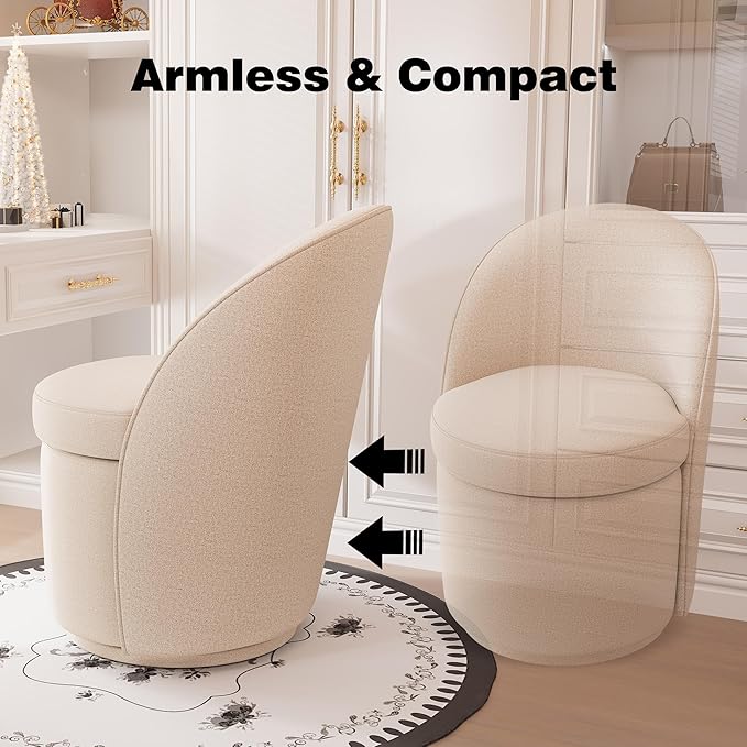 YOUNIKE Vanity Bench Boucle Fabric Oatmeal Solid Wood Swivel Accent Chair with Backrest Easy Assembly Dressing Stool for Bedroom & Makeup Room