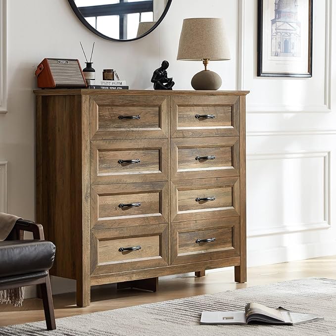 LINSY HOME Farmhouse 8 Drawers Dresser Chests for Bedroom, Wood Dresser Wide Chest of Drawers, Storage Dressers Organizer for Bedroom, Living Room,Hallway, SGS Certified