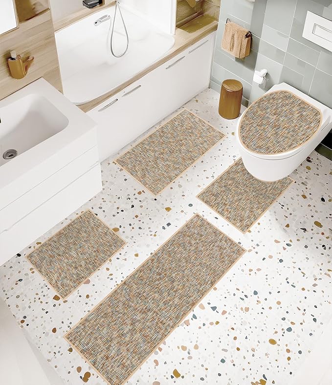 YIHOUSE Bathroom Rugs Sets 5 Pieces, Ultra Thin Non Slip Washable Bath Mat Sets, Absorbent Quick Dry Bath Mats for Bathroom Floor,Yellow