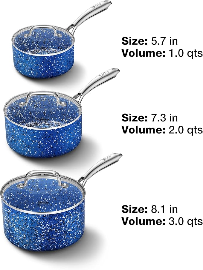Nonstick Premium 3-Piece Saucepan Set with Glass Lids, Natural Durable Granite Coating, Nonstick, Durable & Oven Safe to 450°F, 1&2&3QT, Blue