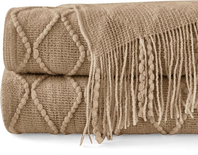 inhand Knitted Throw Blankets for Couch and Bed, Soft Cozy Knit Blanket with Tassel, Khaki Lightweight Decorative Blankets and Throws, Farmhouse Warm Woven Blanket for Men and Women, 50"x60"