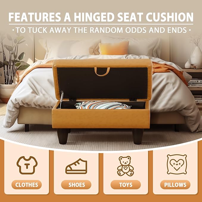Ottoman Rectangular Storage Ottoman Bench, Faux Leather Footrest, Coffee Table, Stool Footstool with Hinged Lid for Living Room, Bedroom, Entryway, Orange, 28.5"x19"x17.5"