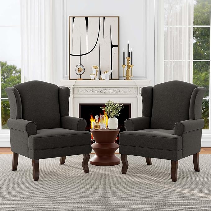 Accent Chair, High Back Upholstered Armchair with High Resilience Sponge & Wood Legs, Mid-Century Modern Comfy Single Sofa Reading Chairs for Living Room, Bedroom (Dark Grey, Set of 2)