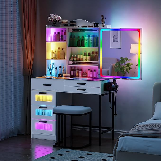 LED Vanity Desk with Sliding Mirror, Smart Makeup Table with 6 Drawers 6 Shelves Glass top, Dressing Table with Charging Station 24 Color Lighting Modes, Cushioned Stool, USB for Bedroom White