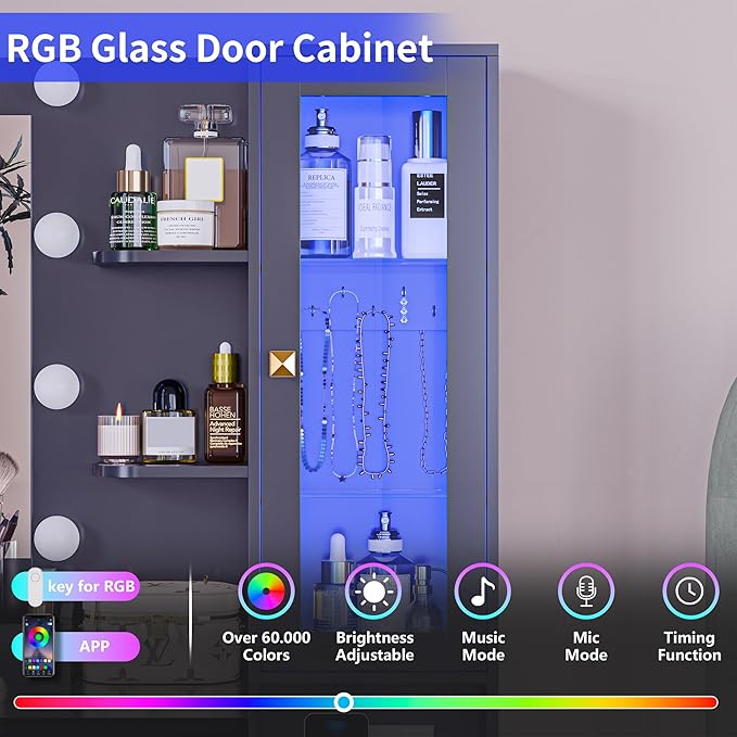 Vanity Desk with Mirror and Lights, Black Makeup Vanity with 5 Drawers Hidden Jewelry Organizer& LED Glass Cabinet,3 Light Mode and Brightness Adjusted,Vanity Mirror with Lights Desk and Chair