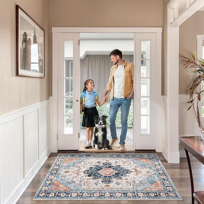 Tangsoo Vintage Rug 2x3 Washable Rug for Entryway, Non Slip Small, Indoor Front Door, Print Distressed Blue/Beige Door Mat Carpet, Soft Low Pile Rugs for Entrance Kitchen Bedroom Bathroom