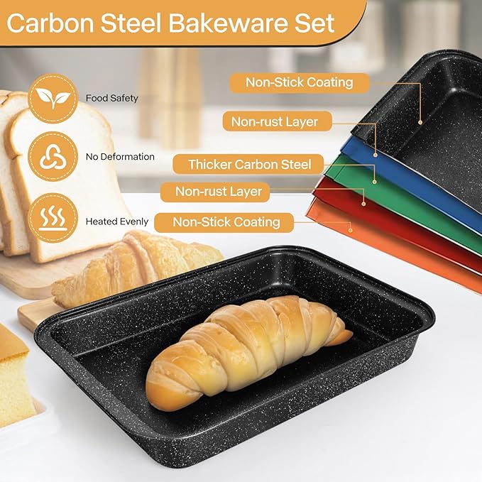 Bakeware Sets 6 Pcs, Non Stick Baking Pans Set, Black Speckled Kitchen Baking Set, Stackable Storage, Easy Clean & Even Heating, with Cooling Rack, Cake, Muffin, and Loaf Pan