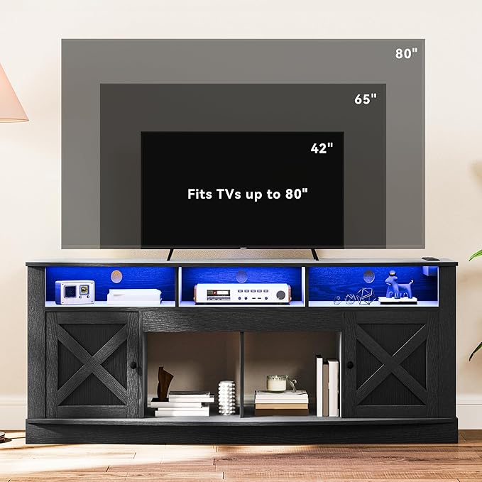 DWVO TV Stand for 75/80 Inch TV, Entertainment Center, LED Light Media Console, TV Cabinet with Barn Doors and Power Outlet for Living Room, Black