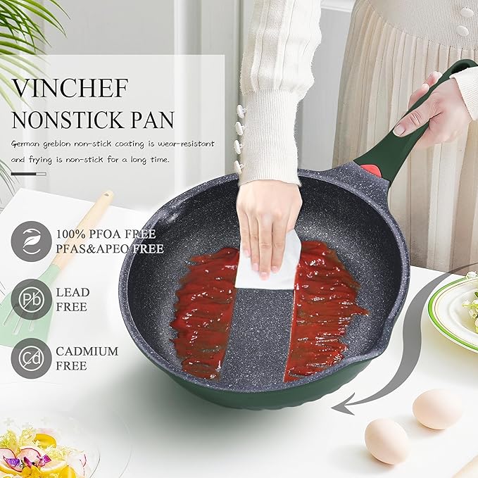 Vinchef Green Skillet Nonstick with Lids, 11In/5Qt Aluminum Deep Frying Pan with Lid and Heat Indicator, Anti Scratch and Anti Stain Deep Skillet Nonstick, Induction Compatible