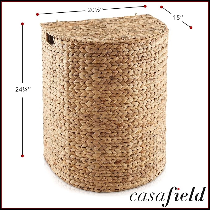 Casafield Half Moon Laundry Hamper with Lid and Removable Liner Bag - Natural, Woven Water Hyacinth Laundry Basket for Clothes and Towels