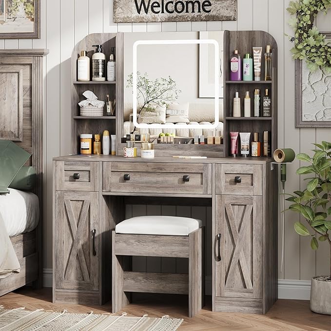 Vabches Makeup Vanity Desk, Vanity Mirror with Lights Desk and Chair,Makeup Table with 3 Large Drawers and 2 Cabinets, Time and Temperature Display, 3 LED Lighting Modes Adjustable, Grey