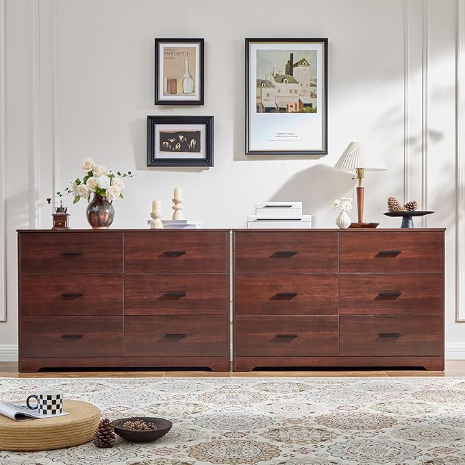 LIDYUK Dark Cherry Dresser for Bedroom, 6 Drawer Dressers & Chests of Drawers, Modern Wood Dresser, 48 Inches Wide Chest of Drawers for Bedroom, Hallway, Living Room