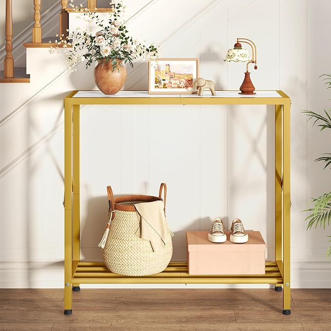 Tajsoon Entryway Table, 2-Tier Small Consle Table for Entryway, Narrow Sofa Table with Shelves, Entrace Table for Hallway, Living Room, Corridor, Office, Gold & White