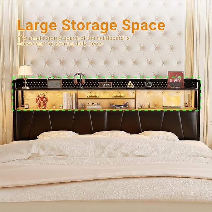 Unikito Headboard for King Size Bed Frame, Upholstered Head Board with Outlets, USB Ports and LED Light, Comfortable Leather Headboards with Storage Shelf, Sturdy King Bed Headboard Only, Black Oak