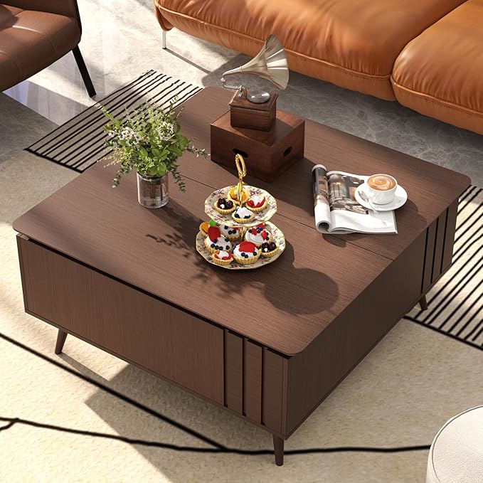 Lift Top Coffee Table, Mid Century Modern Center Table with Large Hidden Storage Compartment, 36" Square Coffee Tables for Living Room, Home Office, Dark Walnut