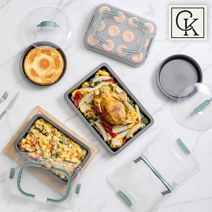 Country Kitchen Baking Pans Set - 10 Piece Non-Stick Cake Pans with Carry Lids for Easy Storage & Travel, Perfect for Parties - Stackable, Sage