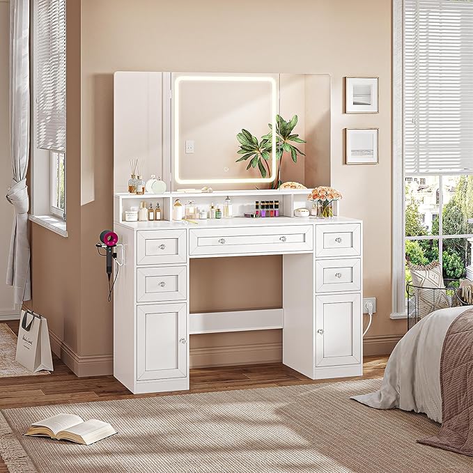 Vanity Desk with Mirror and LED Light, Makeup Vanity with Trifold Mirror and Charging Station, 5 Drawers for Storage, White Modern Vanity Table with Hidden Jewelry Hook for Bedroom, Women Girls