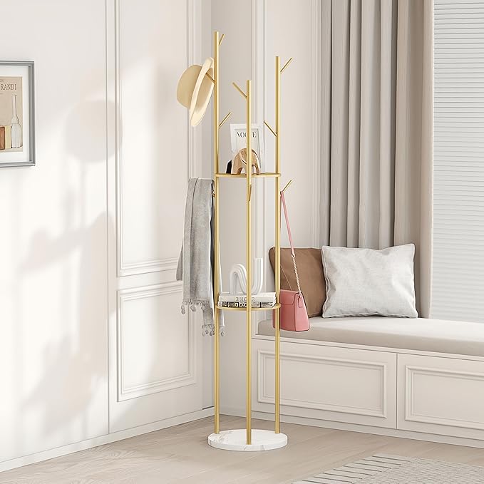 Gold Coat Rack Stand, Metal Coat Racks Tree Hanger Freestanding with 3 Storage Shelves and 9 High-grade Hooks and Stable Marble Base, for Jackets、Hat、Umbrella