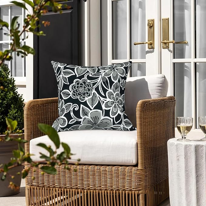 LVTXIII Outdoor Throw Pillows, Decorative Throw Pillows with Inserts, 20"x20" Square Pillows for Bed, Couch, Sofa and Patio Furniture, Set of 2, Flower Black