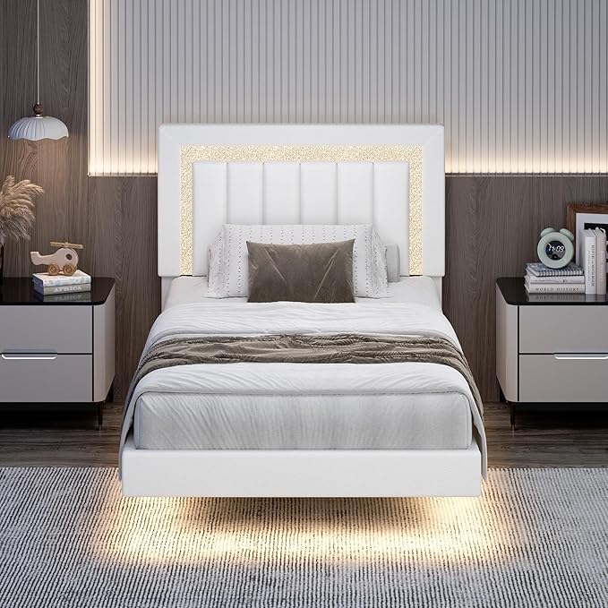 HOMBCK Floating Twin Bed Frame with Smart LED Lights, Faux Leather Upholstered Platform Bed with Diamond Headboard, No Box Spring Needed, Noise-Free, Easy Assembly, White