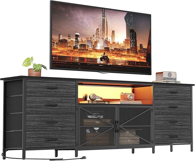 71" TV Stand Dresser for 85/80/75 Inch TV with Power Outlets and LED Lights, Long Dresser with 8 Fabric Drawers, Large Entertainment Center TV Console with Mesh Door for Bedroom, Black