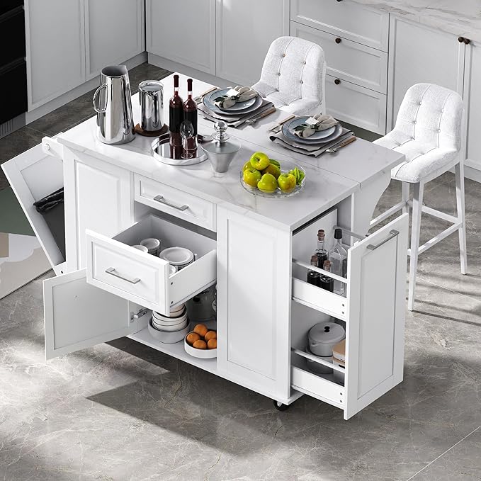 50.7" Mobile Kitchen Island with Storage Tilt Trash Can Cabinet and Pull Out Cabinet Organizer, Movable Rolling Island on 5 Wheels with Drop Leaf, 2 Drawers, 1Door for Kitchen, Dining Room (White)