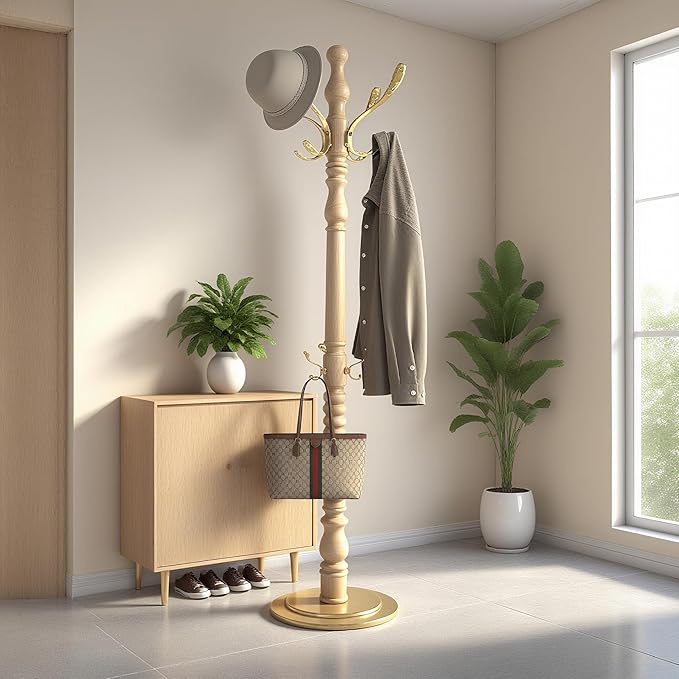 73”Vintage Wooden Coat Rack,With 14 Hooks and Sturdy Round Base.Sturdy and Durable Standing Coat Racks,Adjustable Wooden Freestanding Coat Rack for Corridors, Offices, Porch,Bedrooms (Natural)
