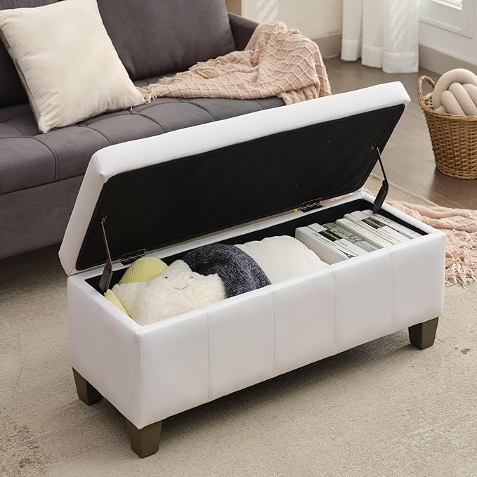 White Faux Leather Ottoman with Storage, Rectangular Extra Long Storage Bench for Bedroom and Living Room