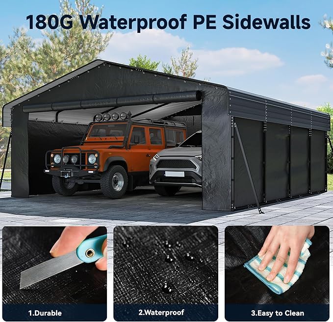 20 x 20FT Heavy Duty Metal Carport, Outdoor Carport with Galvanized Steel Frame and Roof, Multi-Use Car Shelter with Removable Sidewalls for 2 Cars, Pickup, Tractors, Gray