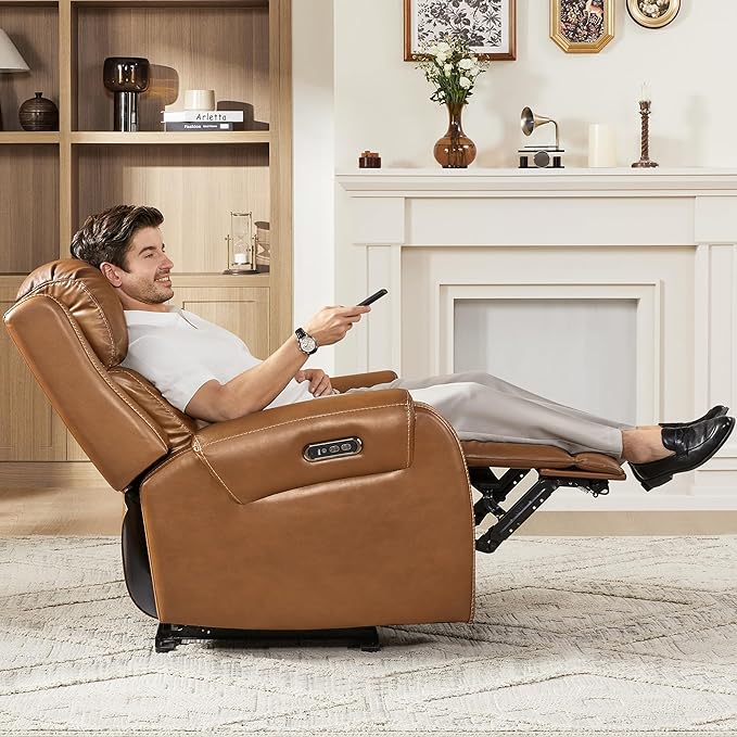 CHITA Genuine Leather Power Recliner Chair for Adults, Electric Wall Hugger Recliner with Adjustable Power Headrest & USB/Type-C Ports, Compact for Small Spaces & Living Rooms, Saddle Brown