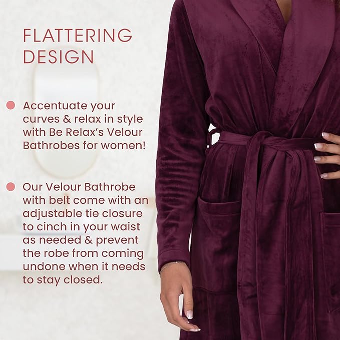Be Relax Terry Velour Robe - Made of Polyester, Shawl Collar Robe with Belt & Side Pockets, Soft & Warm Bathrobe for Women