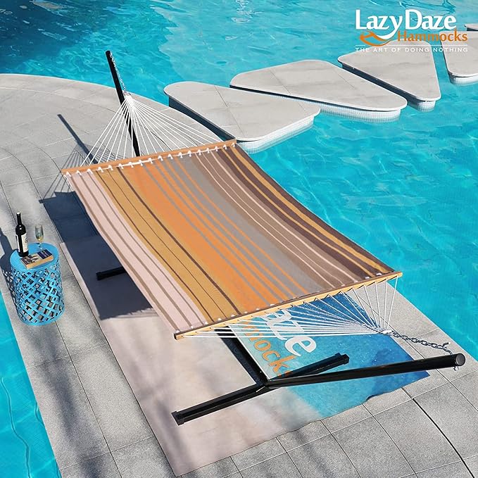 Lazy Daze Hammocks Quick Dry Hammock with Spreader Bar 2 Person Double Hammock with Chains Outdoor Outside Patio Poolside Backyard Beach 450 lbs Capacity, Coffee Stripes