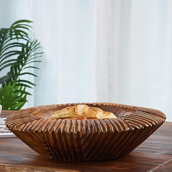 Teak Handcrafted Wooden Bowls Natural Wood Round Utility Bowl 10.9" W Handmade Rustic Serving Platter Fruit Snack Holder for Entry Table Vintage Artworks Dining Room Home Décor