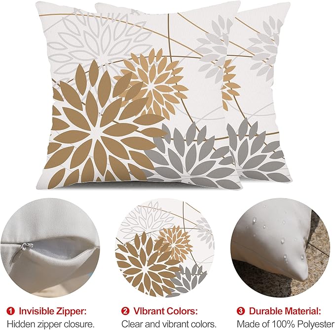 Brown Grey Outdoor Pillow Cover 18X18 Inch Set of 2 Outdoor Waterproof Summer Floral Brown Decorative Pillow case Decor for Couch Patio Funiture Garden Print Polyester Cushion Cover 01E18
