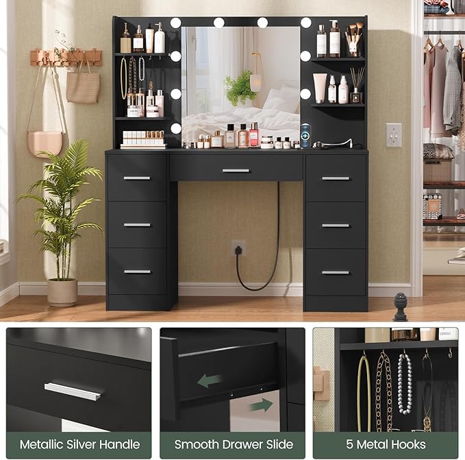Quimoo Large Vanity Desk with LED Lighted Mirror & Power Outlet,Makeup Vanity Table with 7 Drawers,4 Shelves and 5 Hooks,Vanity Table, Vanity Desk Set for Bedroom,Bathroom,Black