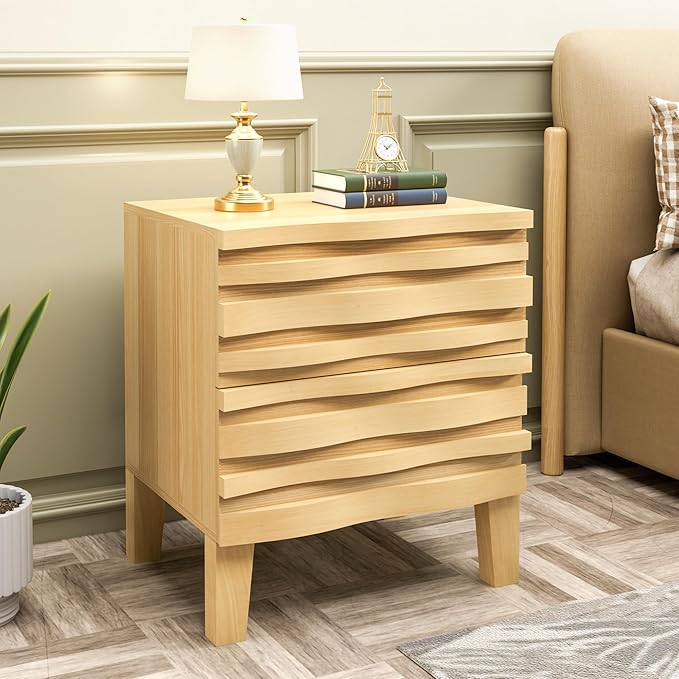 UEV Solid Wood Nightstand Set of 2, 19.7" W Boho Nightstand with 2 Drawers, Fluted Wood Night Stand, Mid Century Modern Bed Side Table for Bedroom, Ivory White