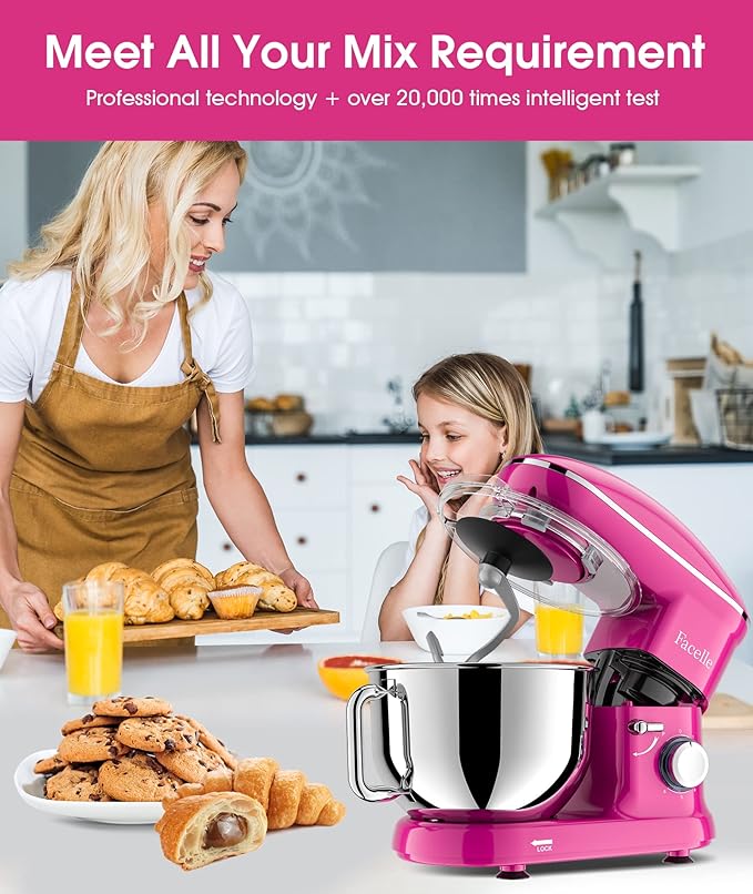 Facelle Stand Mixer, Electric Kitchen Mixer, 660W 6 Speed Tilt-Head stand mixer with Pulse Button, Attachments include 6.5 QT Bowl, Dishwasher Safe Beater, Dough Hook, Whisk & Splash Guard - Purple