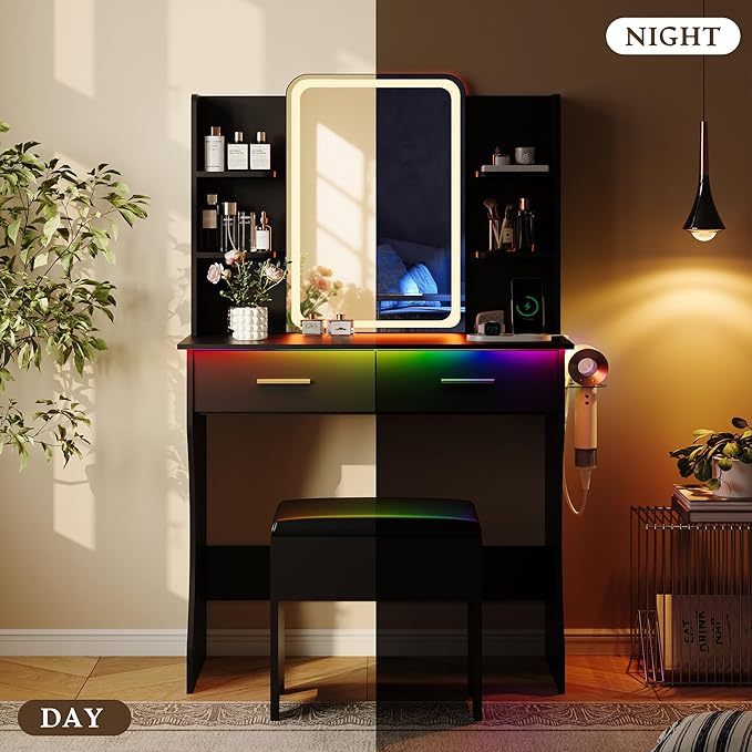 Black Makeup Vanity Desk with Mirror and Lights, Small Vanity Table Set with Power Outlet, Dressing Table with 2 Drawer & 4 Storage Shelves, Adjustable RGB Lighting, Includes Chair for Girl’s Bedroom