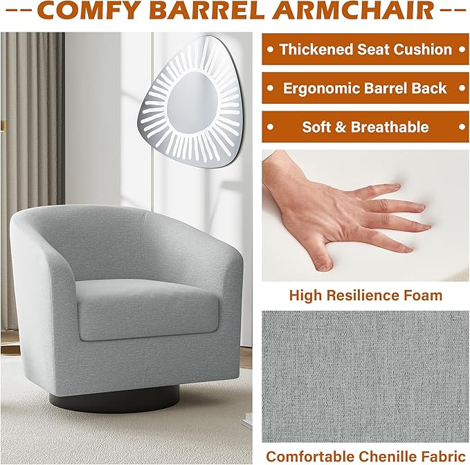 UIXE Swivel Accent Chairs Set of 4, Chenille Barrel Chair Upholstered Armchair for Living Room, Modern Round Arm Chair Small Single Sofa Bedroom Reading Seat - Light Gray