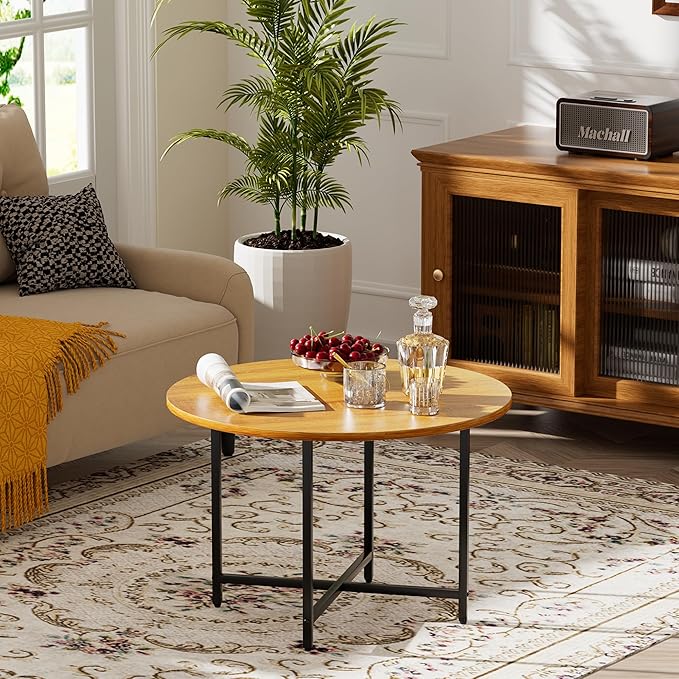 Round Coffee Table, Small Coffee Tables for Living Room, Wood Coffee Table with Metal Frame, Floor Table Desk for Sitting on The Floor, Home, Office, Farmhouse, Honey Brown (23.6"D x 17.7"H)