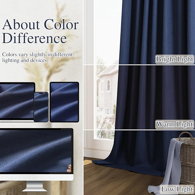 Guken Navy Blue Linen Blackout Curtains 120 Inch Length 2 Panels Set for Living Room Bedroom Back Tab Thermal Insulated 100% Black Out Linen Drapes Room Darkening Window Curtains 120 Inches Long
