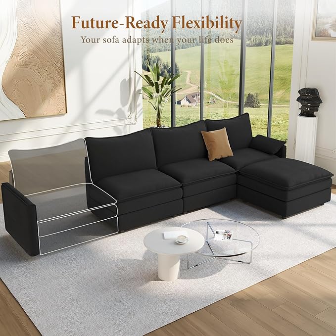 Vesgantti 108" Modular Sectional Sofa, Comfy Cloud Couch with Movable Ottoman Deep Seat Chenille L Shaped Modular Sofa, Sectional Couches for Living Room, Bedroom and Apartment, Black