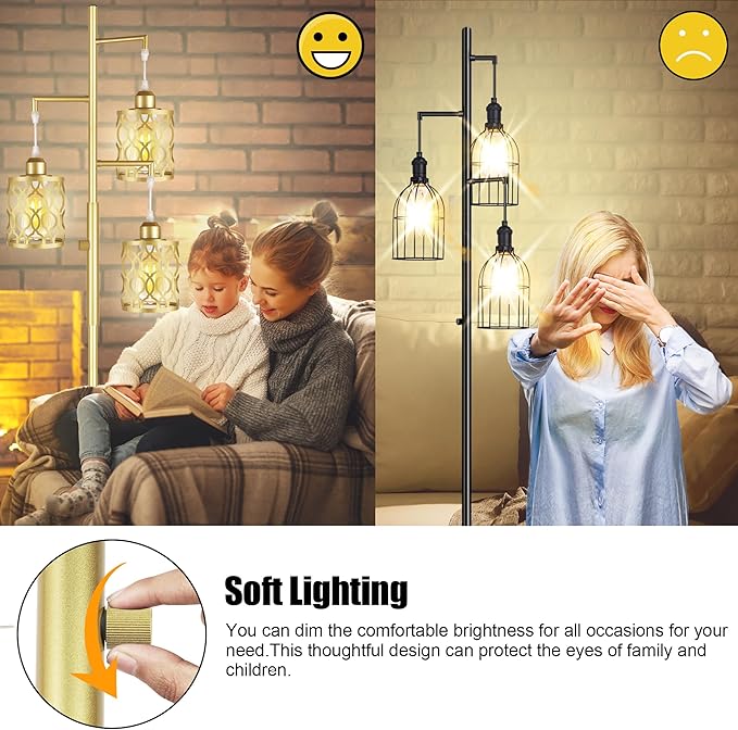 ROTTOGOON 68" Gold Floor Lamp, Dimmable Industrial Floor Lamps for Living Room, 3 Light Rustic Standing Tall Lamp Including 3 PCS 6W E26 Bulbs, Farmhouse Tree Floor Lamp for Bedrooms, Office, Bar