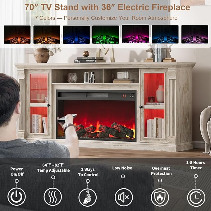 Farmhouse Fireplace TV Stand Up to 80" TVs, 70" Modern Highboy Entertainment Center with 36" Electric Fireplace & LED Lights, Media Console with Adjustable Shelves for Living Room, Antique Brush Gray